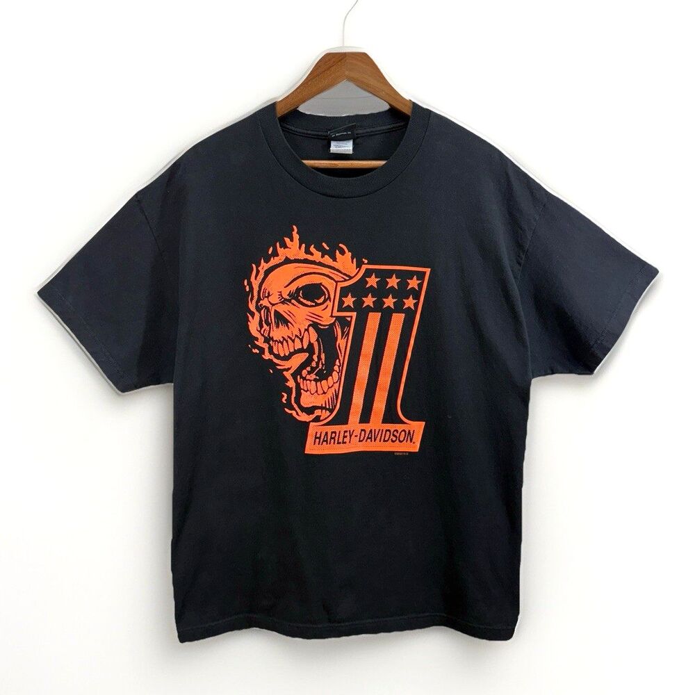 Harley Davidson Skull Flame Shirt Mens Size XL Iowa Biker Orange Dadcore Grunge